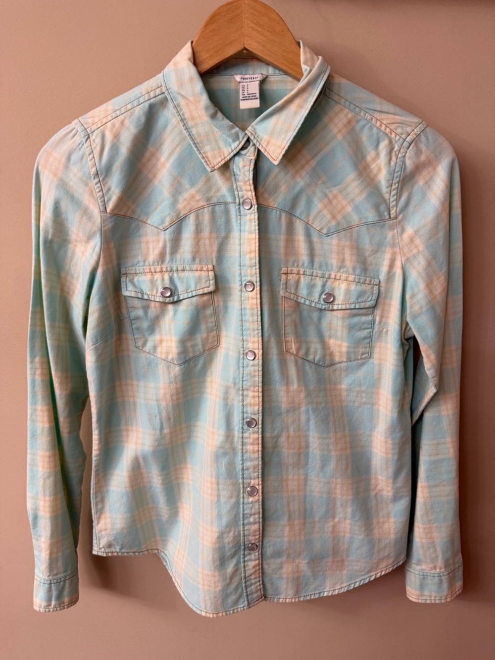 Pearl Snap Western Wear Button Down Cowgirl Shirt - Forever 21 Sz S Teal Yellow